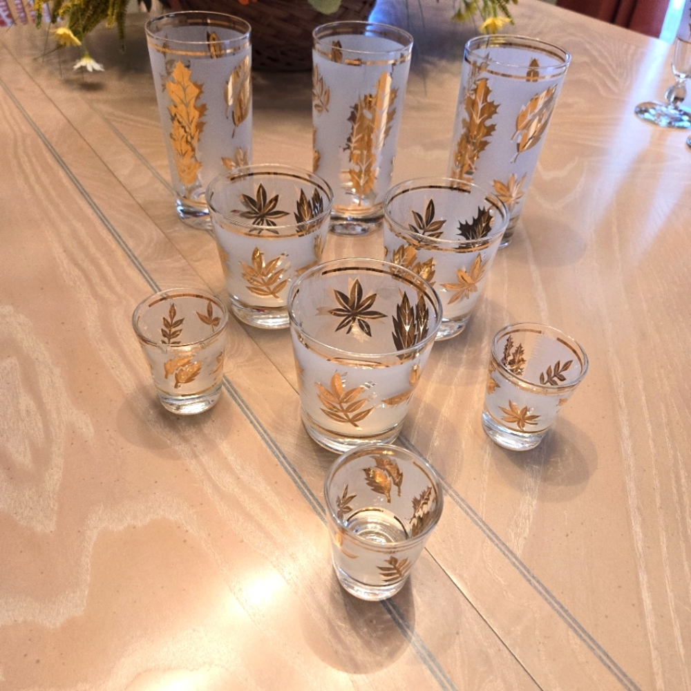 Vintage Gold Leaf 3-3-3 Bar Glasses Set, 3 Tumbler, 3 Highball, 3 Shot Glasses